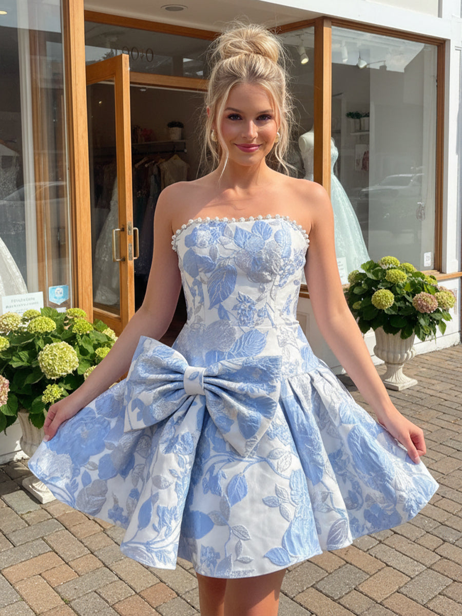 Jacquard A Line Strapless Ruched Corset Homecoming Dresses with Bow