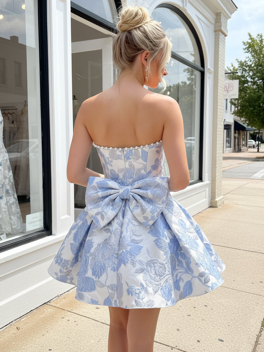 Jacquard A Line Strapless Ruched Corset Homecoming Dresses with Bow