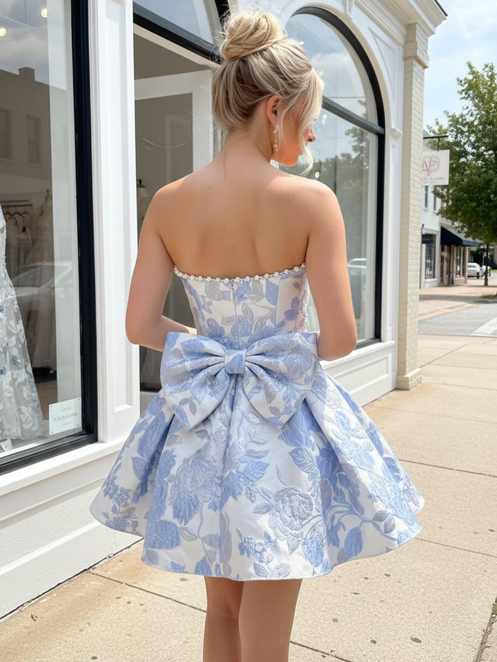 Jacquard A Line Strapless Ruched Corset Homecoming Dresses with Bow