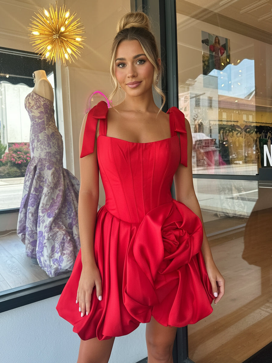 Satin A Line Square Neck 3D Flowers Ruched Homecoming Dresses