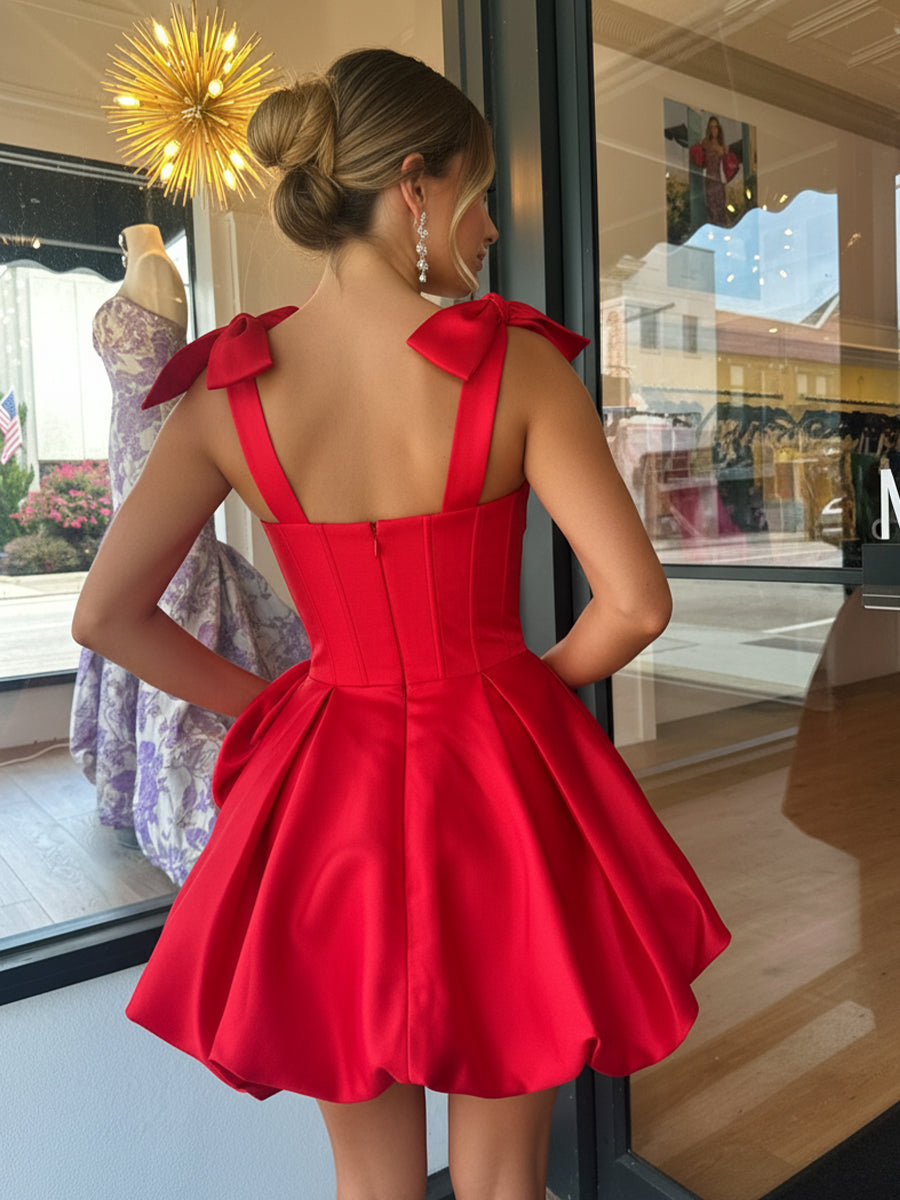 Satin A Line Square Neck 3D Flowers Ruched Homecoming Dresses
