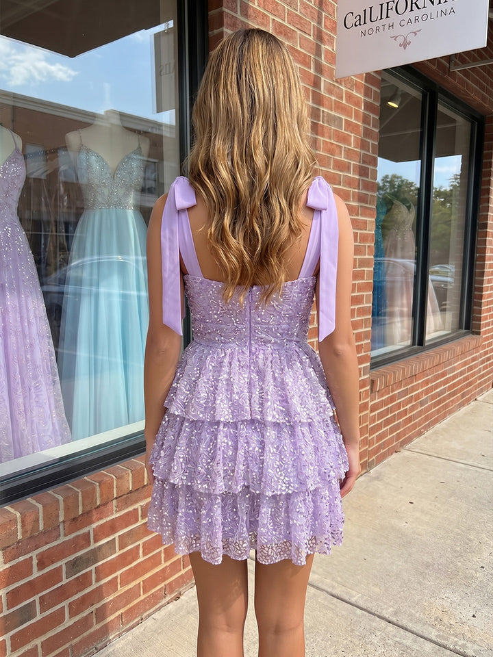 Sequin A Line Spaghetti Straps Cut Out Layered Homecoming Dresses