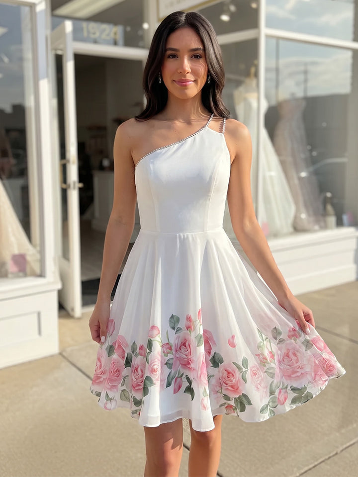 Satin A Line One Shoulder Floral Print Ruched Homecoming Dresses