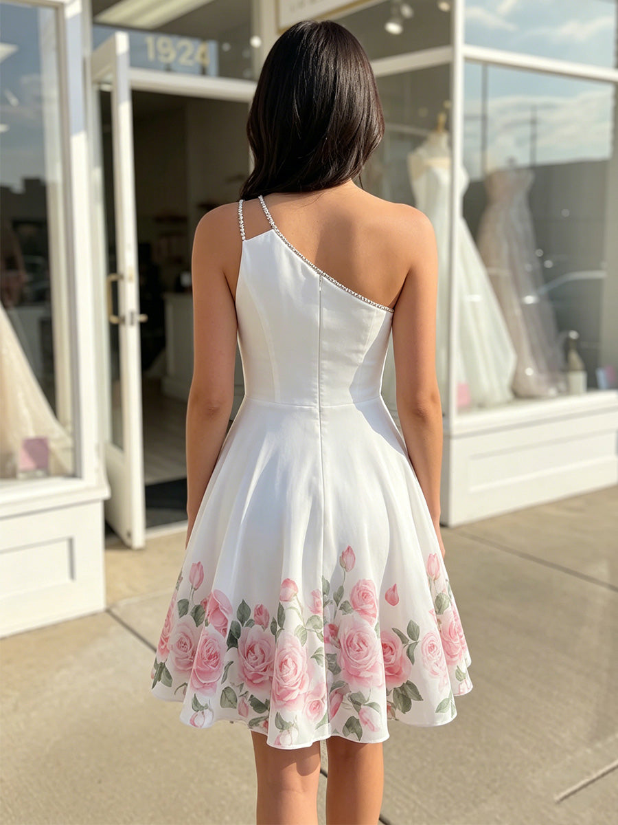 Satin A Line One Shoulder Floral Print Ruched Homecoming Dresses