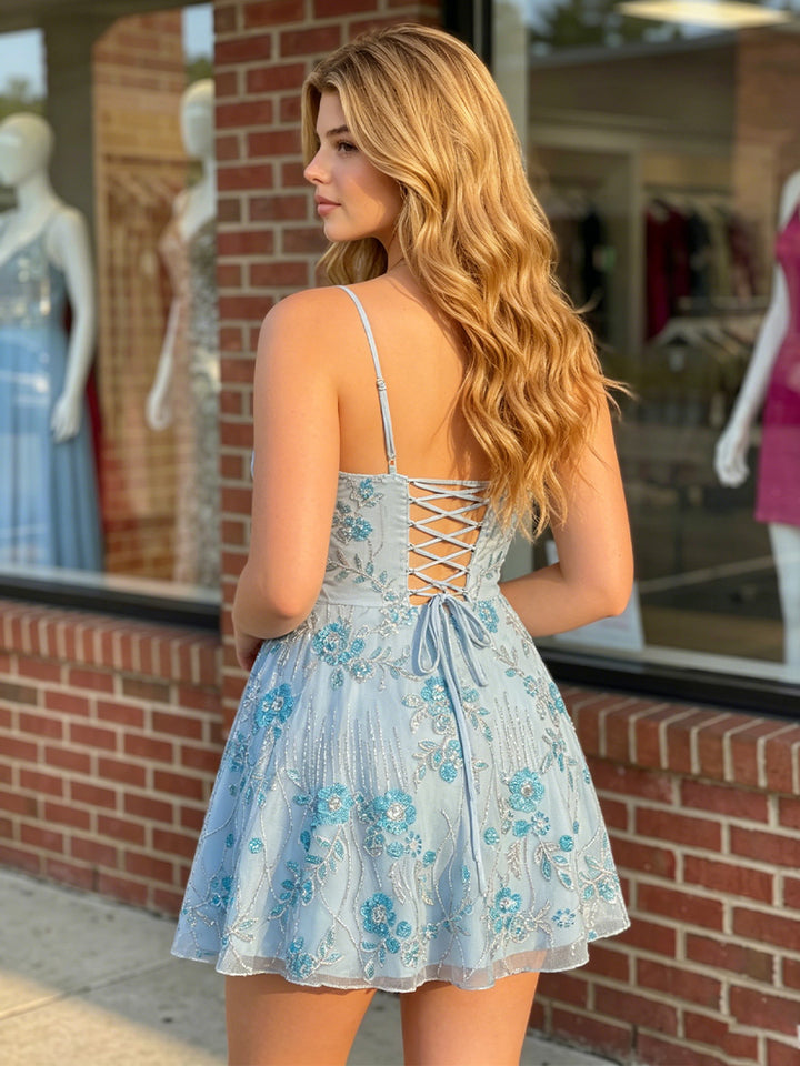 Tulle A Line Square Neck Ruched Spaghetti Straps Homecoming Dresses