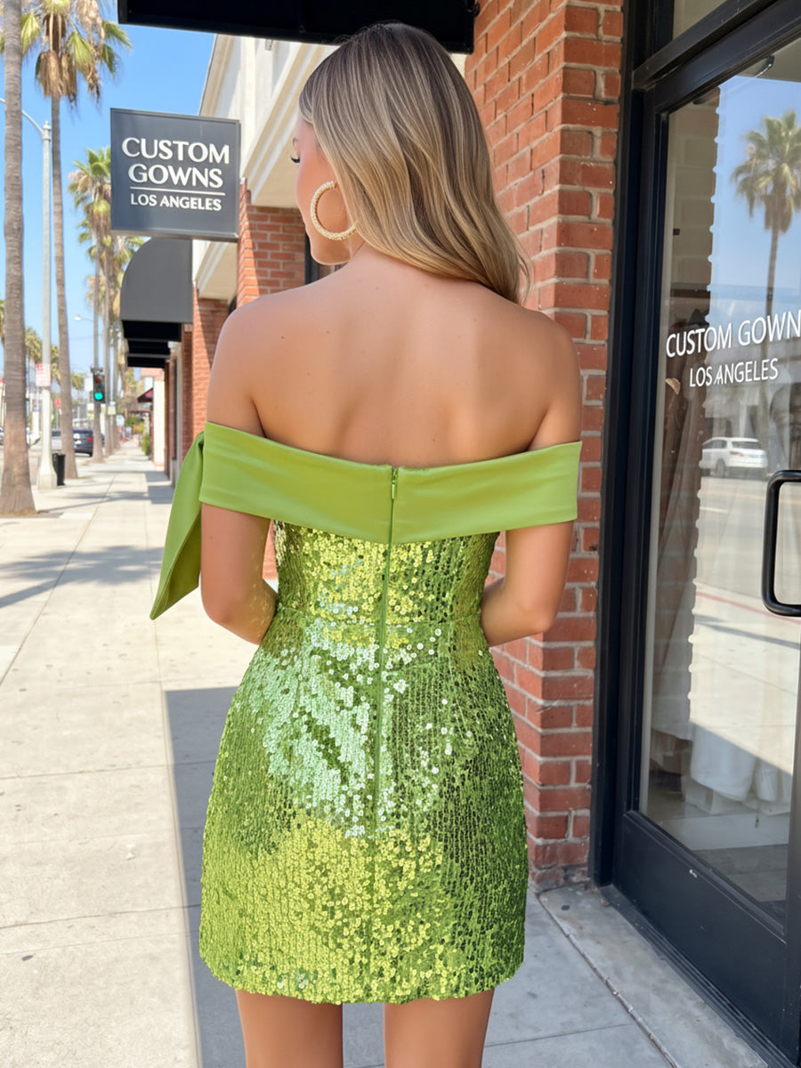 Sequin Mermaid Off the Shoulder Ruched Bow Homecoming Dresses for Women
