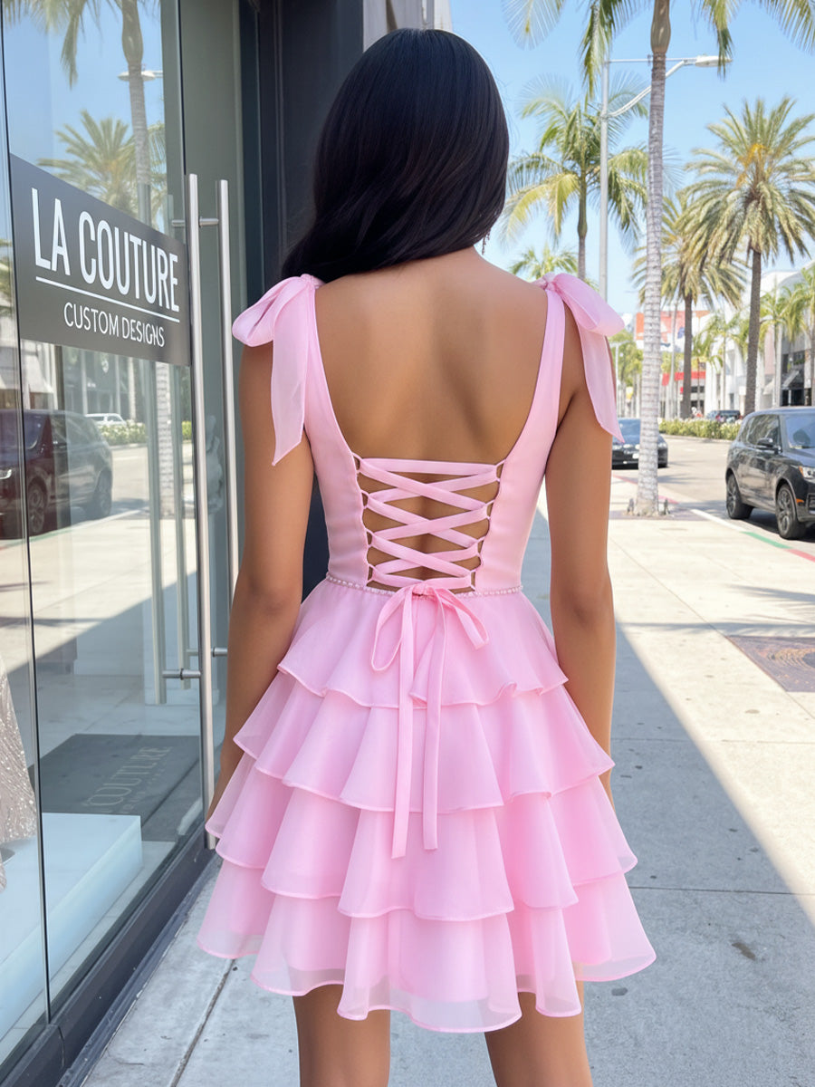 Satin A Line V Neck Spaghetti Straps Layered Homecoming Dresses
