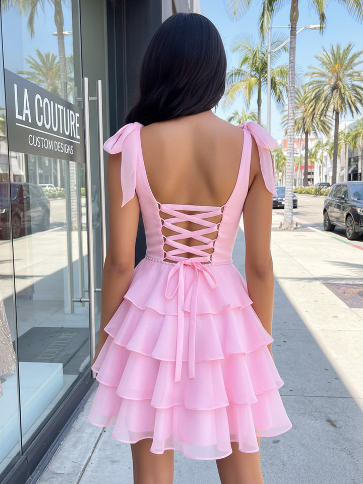 Satin A Line V Neck Spaghetti Straps Layered Homecoming Dresses