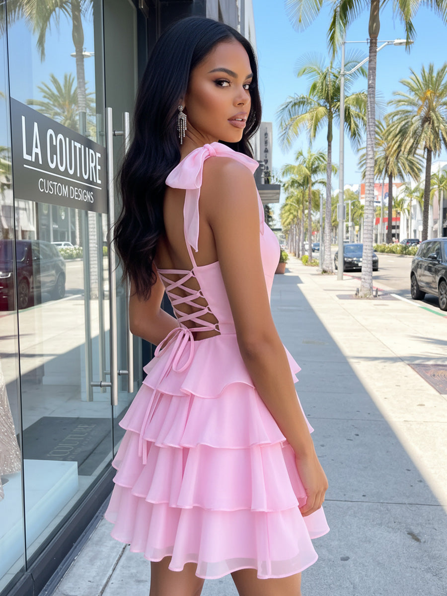 Satin A Line V Neck Spaghetti Straps Layered Homecoming Dresses