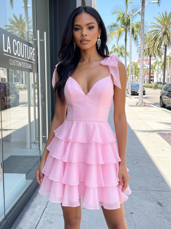 Satin A Line V Neck Spaghetti Straps Layered Homecoming Dresses