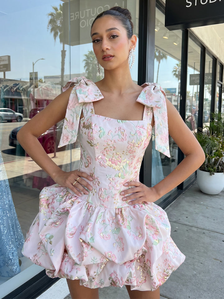Jacquard A Line Square Neck Ruched Bud Homecoming Dresses with Bow