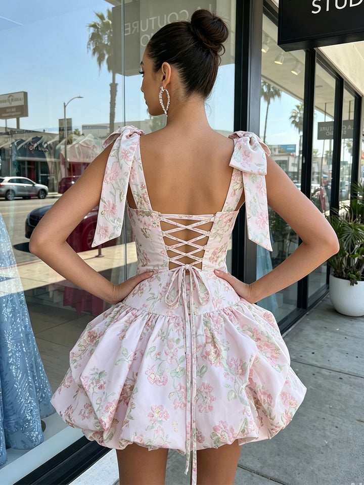 Jacquard A Line Square Neck Ruched Bud Homecoming Dresses with Bow