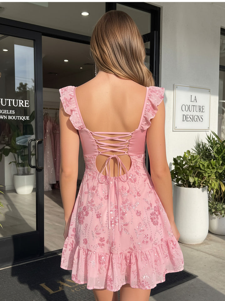 Sequin A Line Sweetheart Ruffles Corset Homecoming Dresses