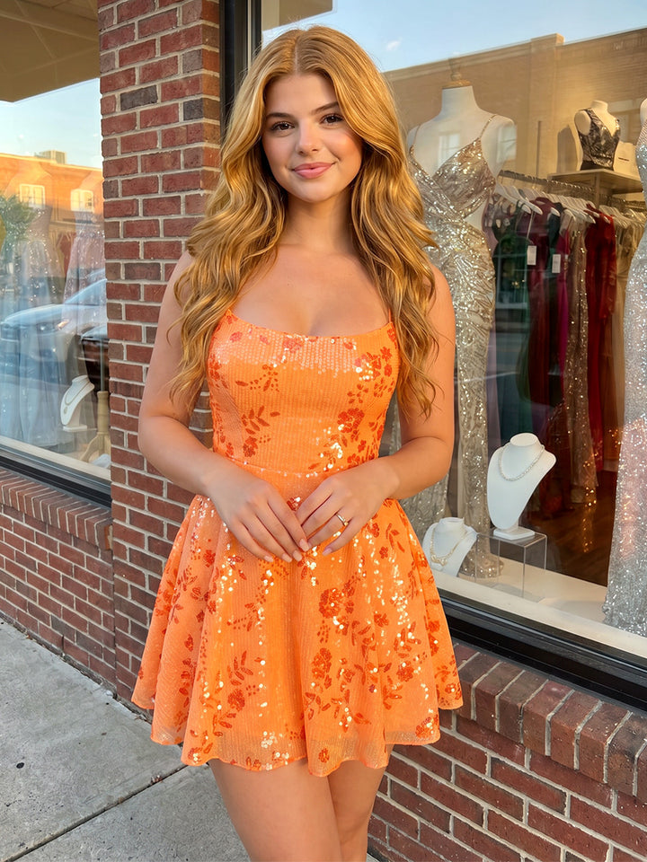 Sequin A Line Square Neck Ruched Spaghetti Straps Homecoming Dresses for Women