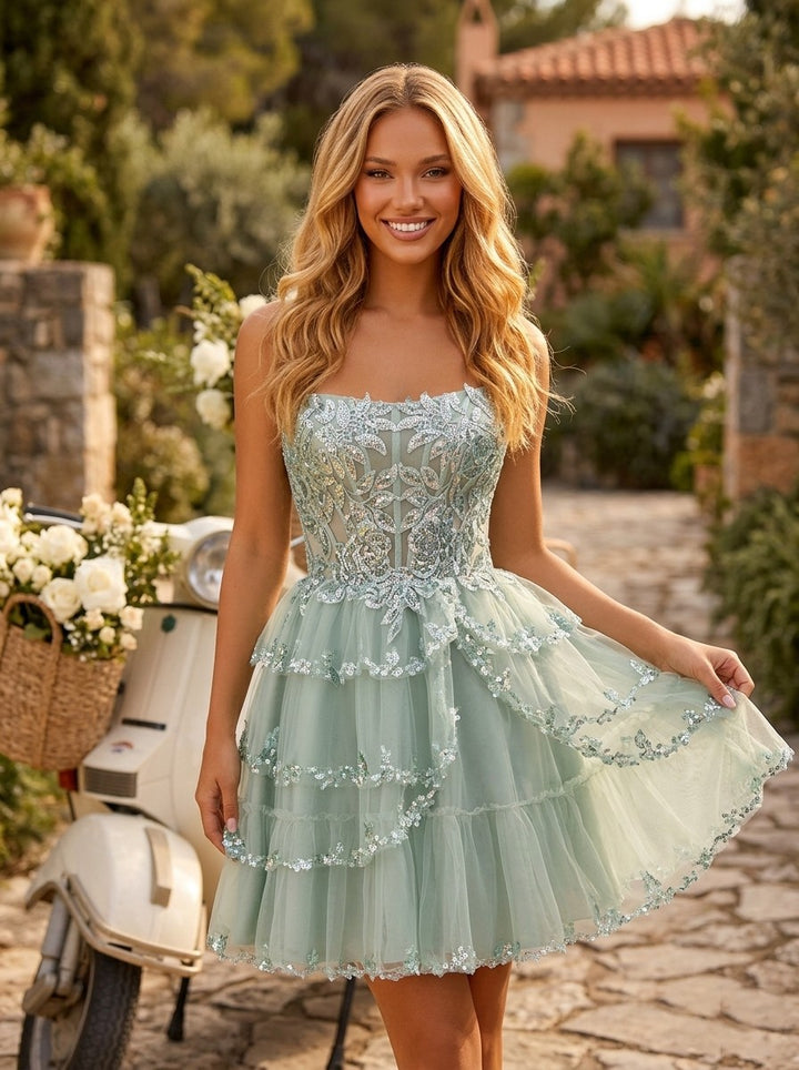 Sequin Floral A Line Strapless Sequin Layered Homecoming Dresses