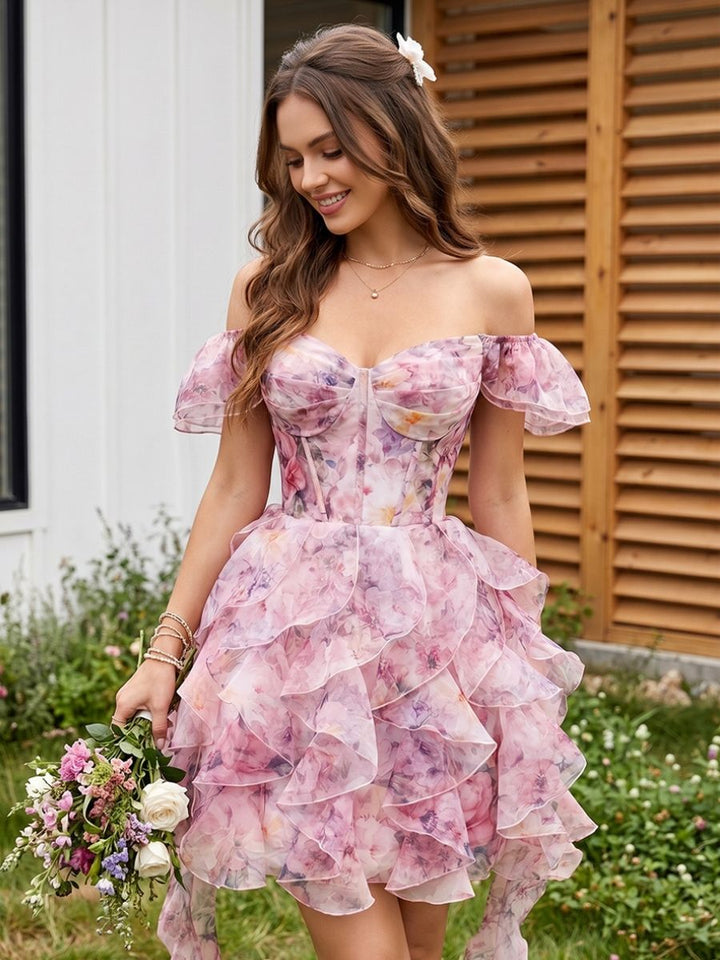 Organza Mermaid Off the Shoulder Ruched Floral Print Homecoming Dresses