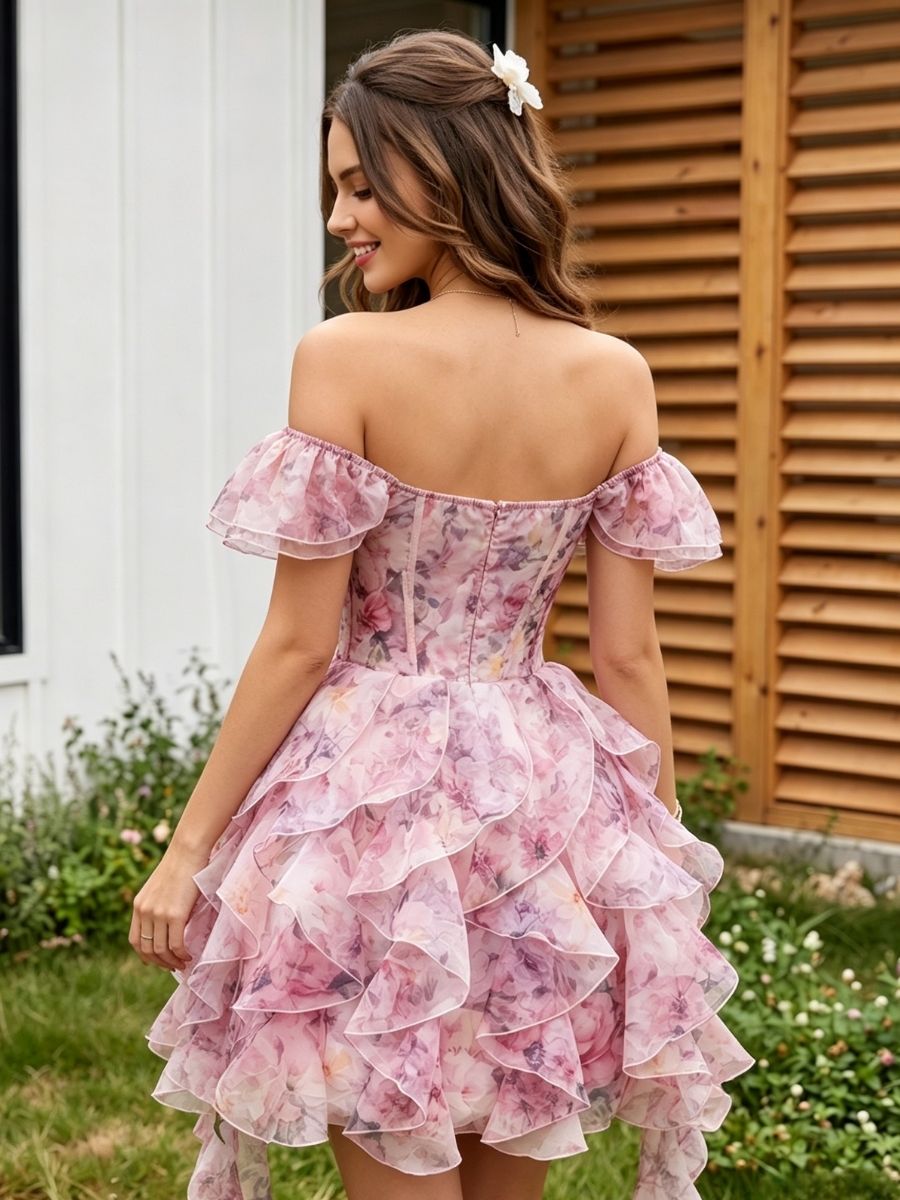 Organza Mermaid Off the Shoulder Ruched Floral Print Homecoming Dresses