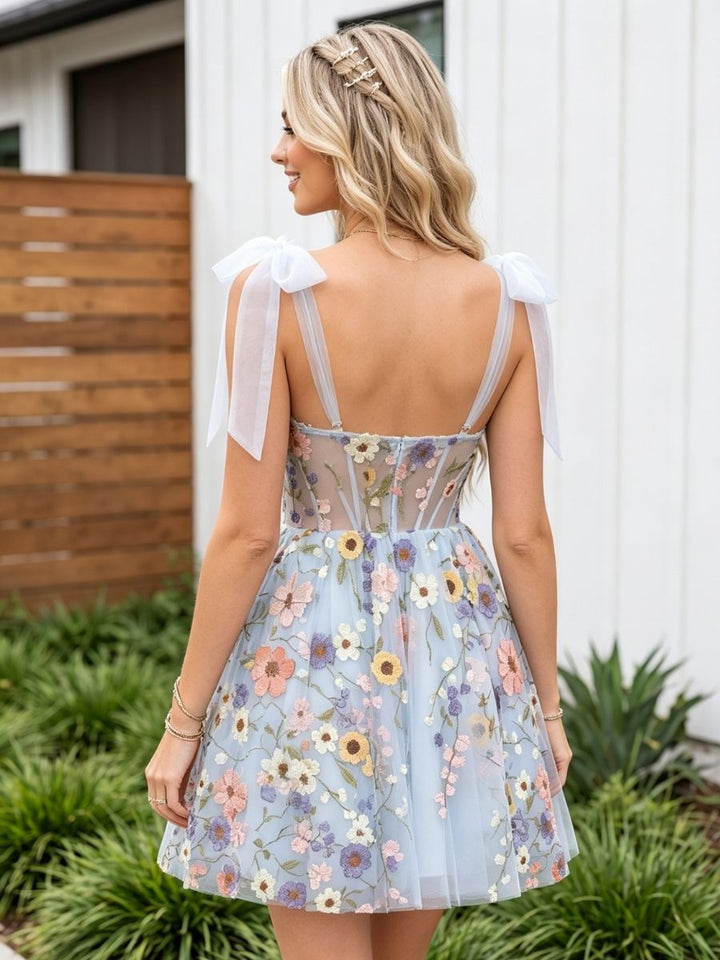 Tulle A Line Square Neck Corset 3D Flowers Homecoming Dresses
