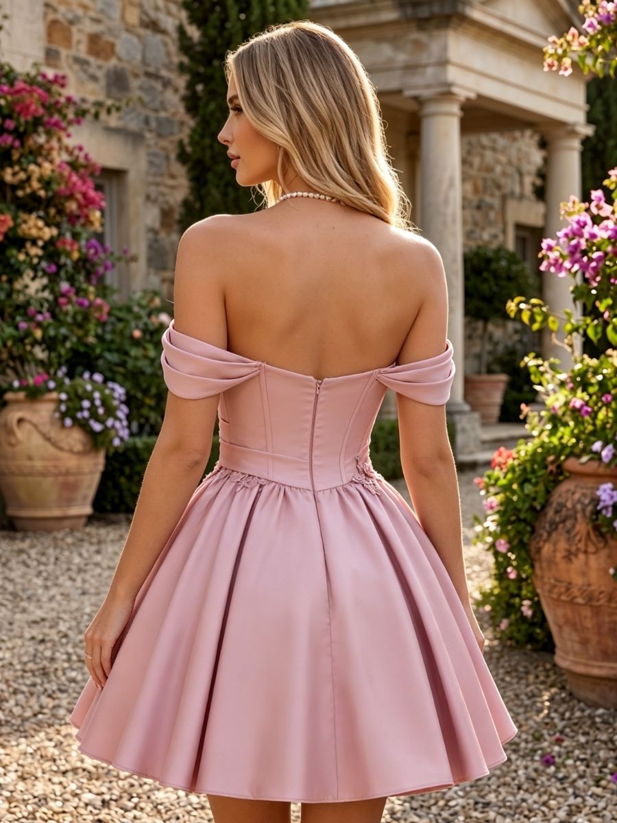 Satin A Line Off the Shoulder Ruched Floral Embroidery Homecoming Dresses