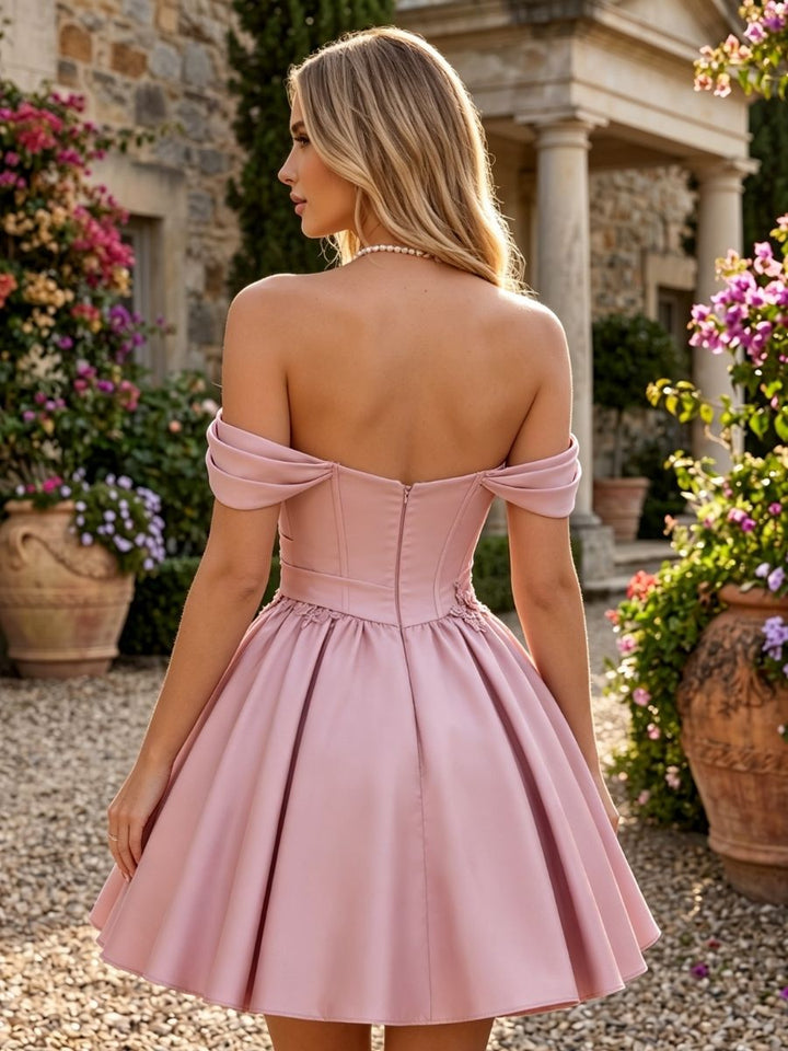 Satin A Line Off the Shoulder Ruched Floral Embroidery Homecoming Dresses