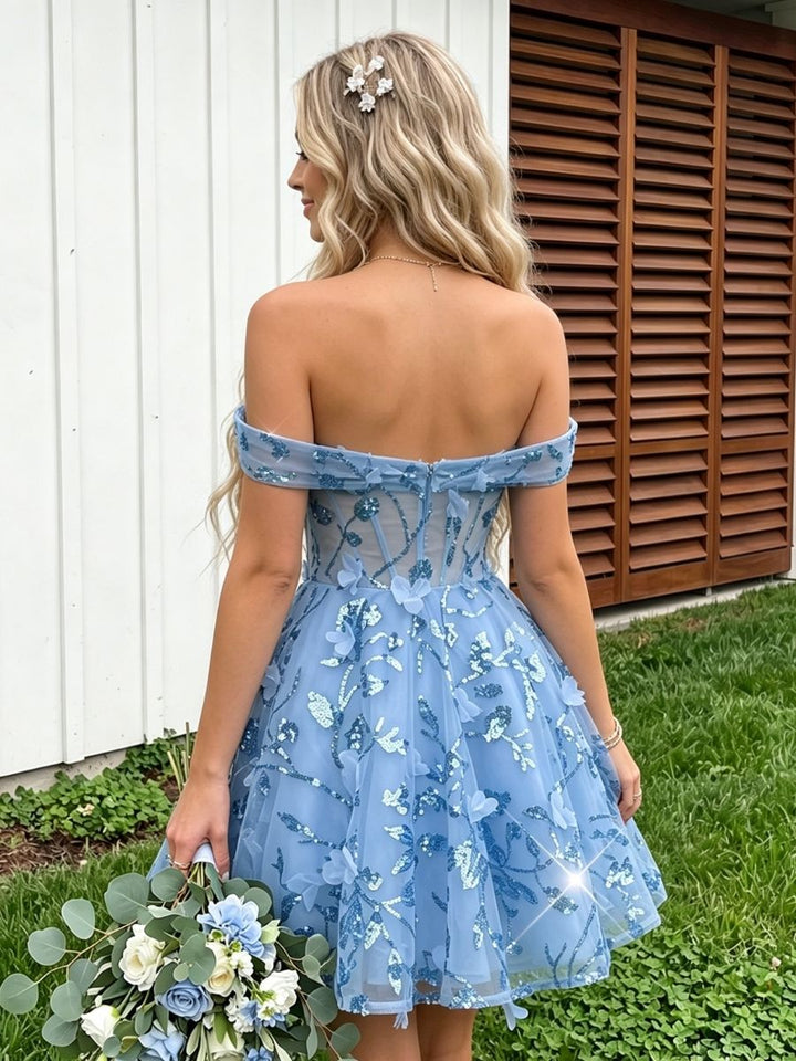 Tulle A Line Off the Shoulder Beadings Floral Homecoming Dresses