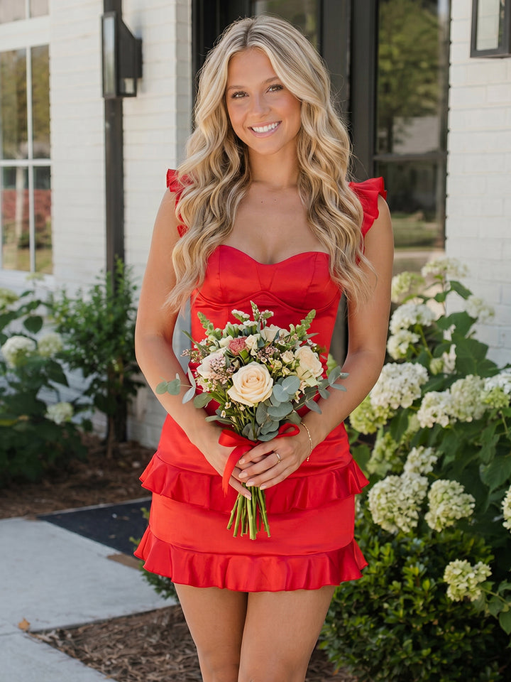 Satin Bodycon Sweetheart Ruffles Tight Homecoming Dresses