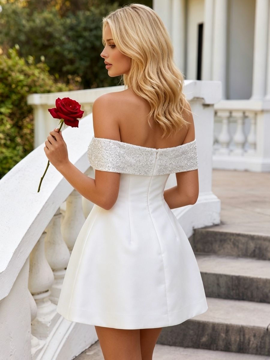 Satin A Line Off the Shoulder Glitter Beadings Homecoming Dresses