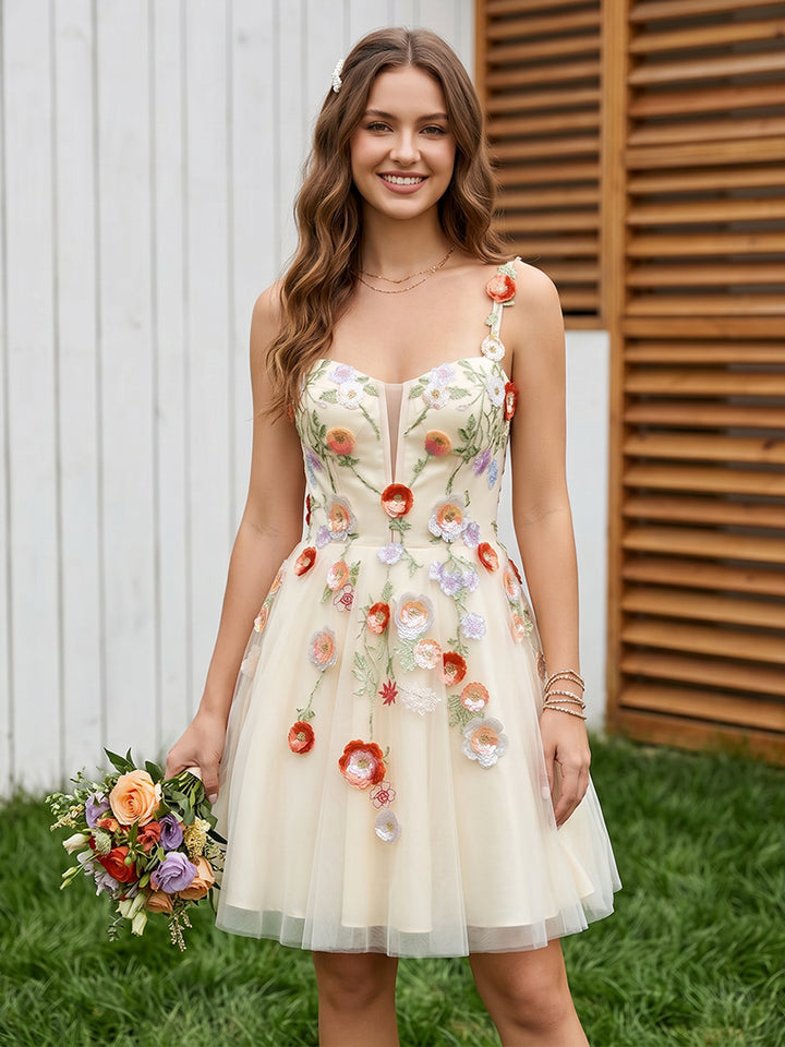 Embroidery A Line Spaghetti Straps Sequin Ruched Homecoming Dresses
