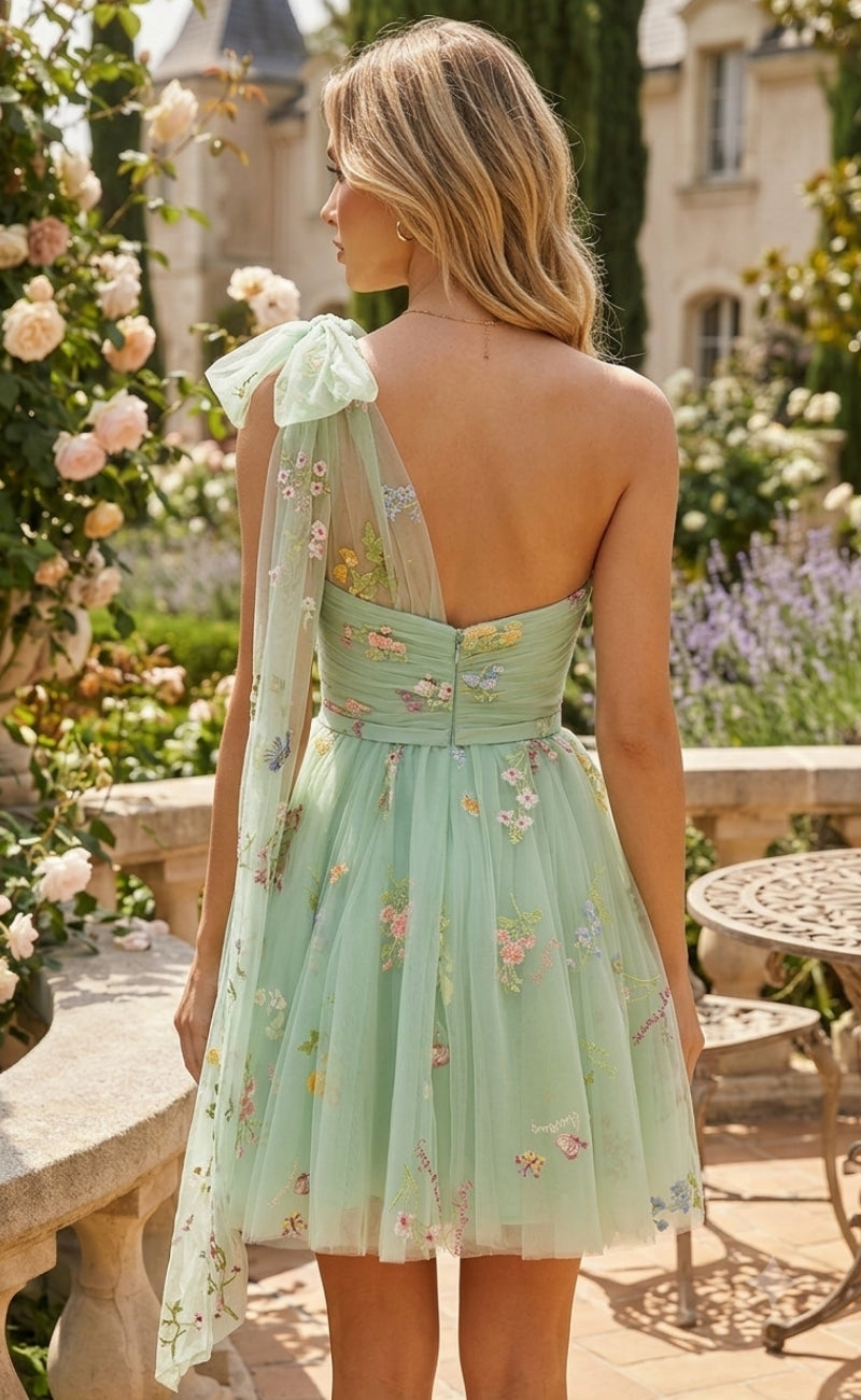 Embroidery A Line One Shoulder Bow Ruched Homecoming Dresses