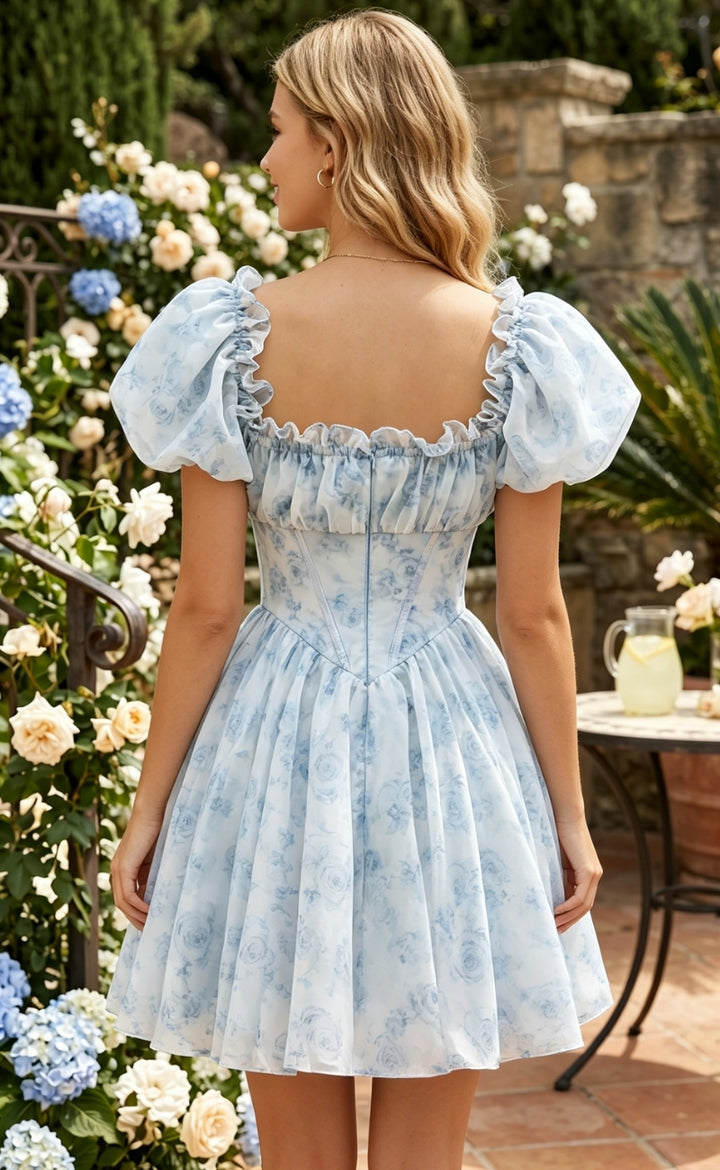 Floral Print A Line Square Neck Corset Ruched Homecoming Dresses