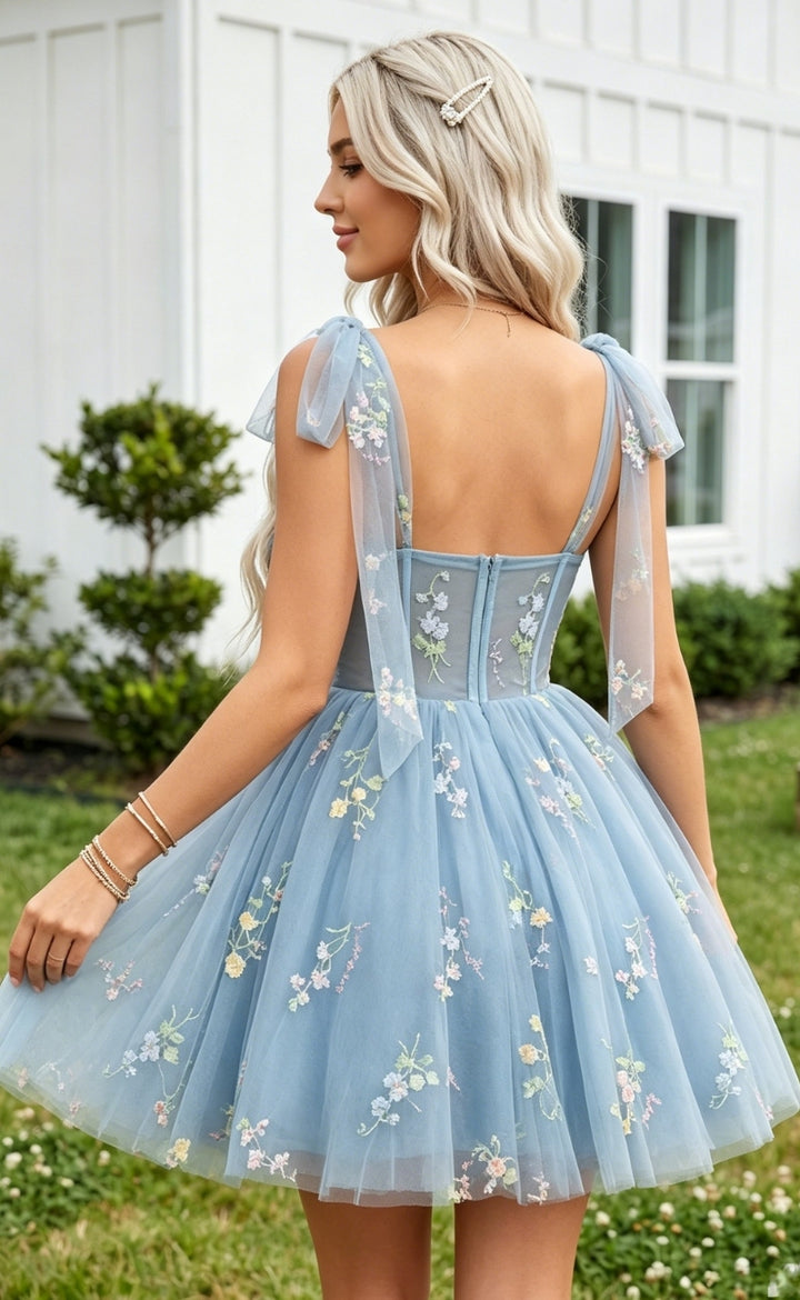 Embroidery A Line Spaghetti Straps Corset Ruched Homecoming Dresses