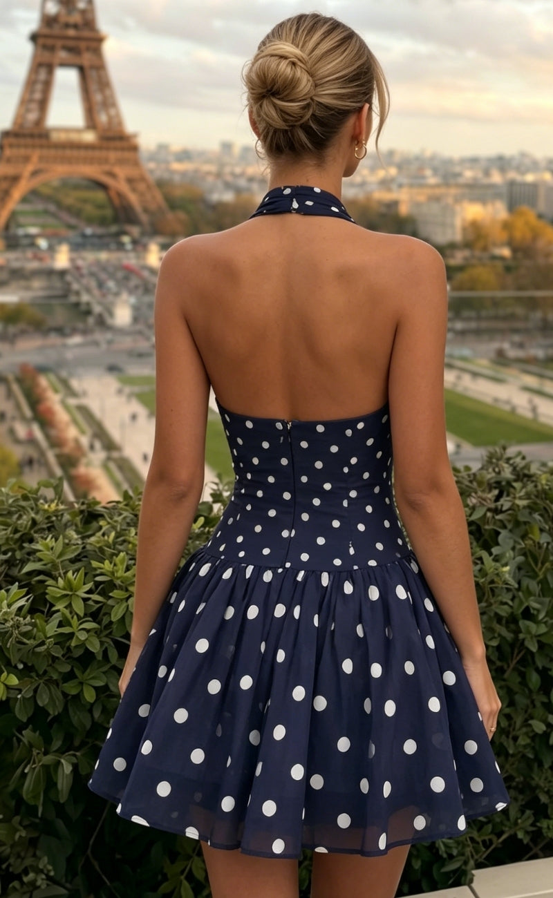 Chiffon A Line Halter Polka Dot Ruched Homecoming Dresses