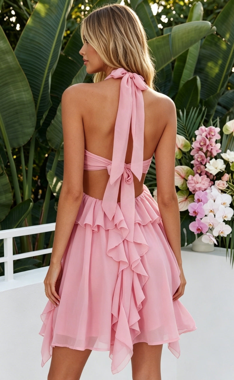 Chiffon A Line Halter Ruffles Ruched Homecoming Dresses