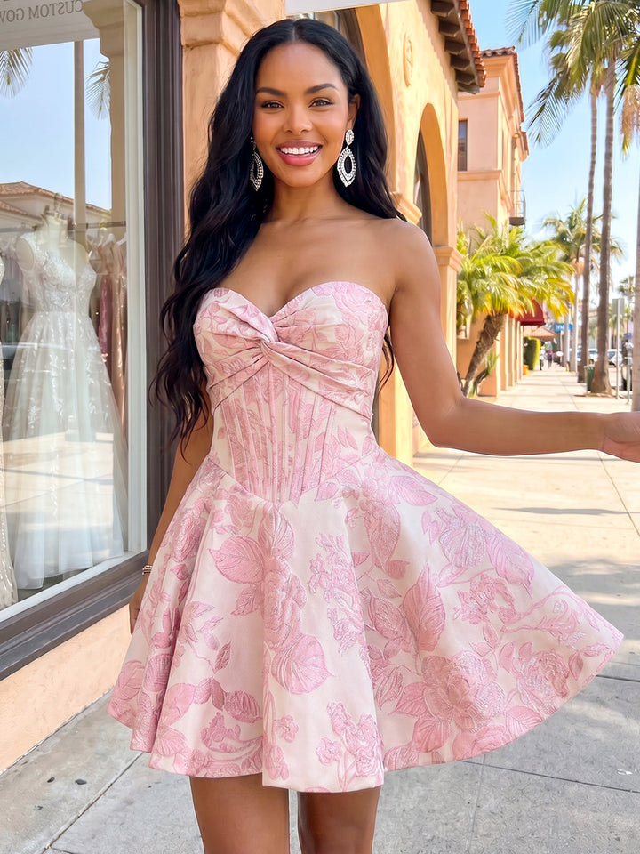 Jacquard A Line Strapless Corset Ruched Homecoming Dresses
