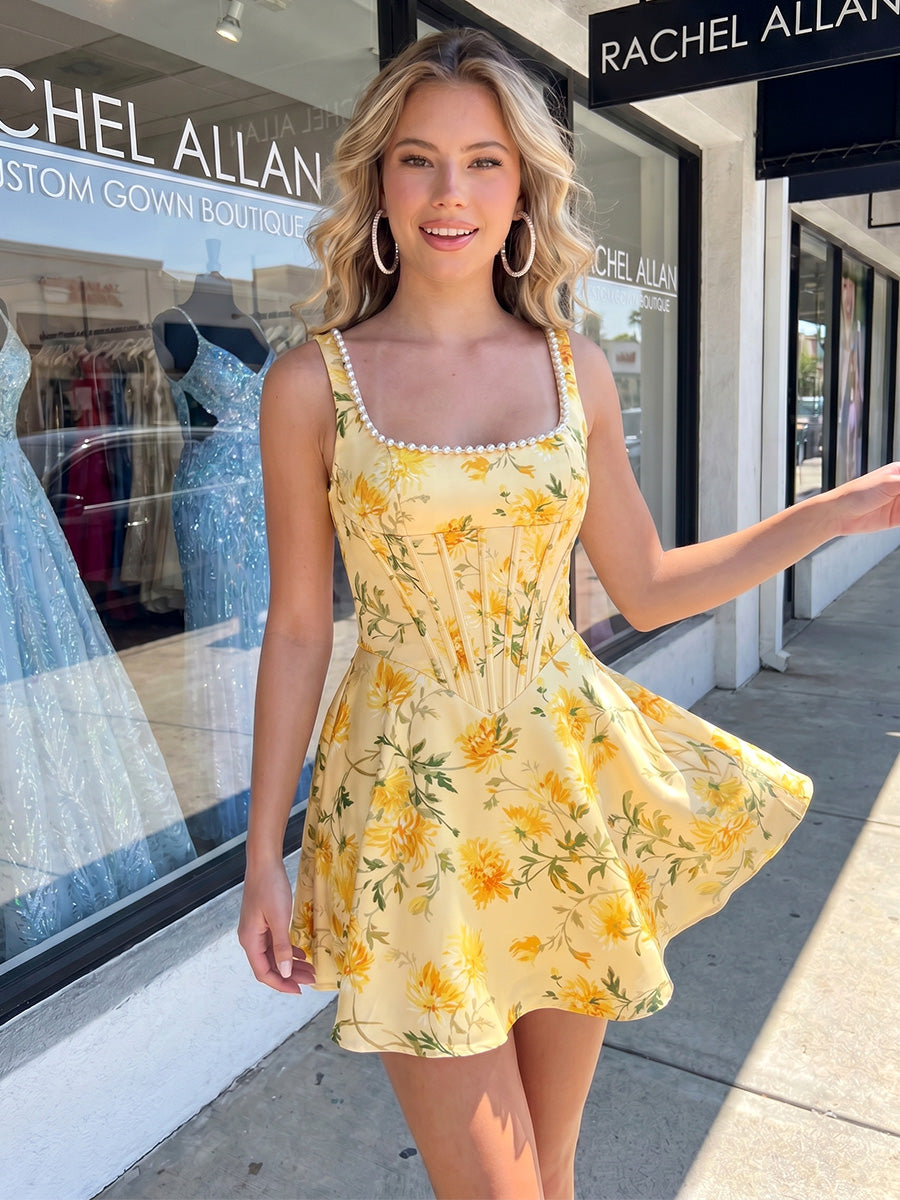 Floral Print A Line Square Neck Pearl Ruched Homecoming Dresses