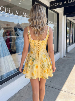 Floral Print A Line Square Neck Pearl Ruched Homecoming Dresses