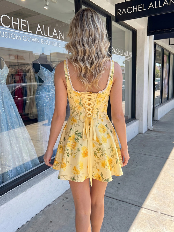 Floral Print A Line Square Neck Pearl Ruched Homecoming Dresses