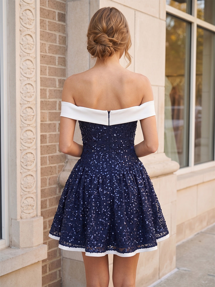 Sequin A Line Off the Shoulder Glitter Ruched Homecoming Dresses for Women