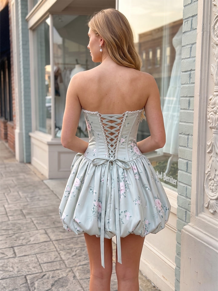 Floral Print A Line Strapless Bud Corset Homecoming Dresses