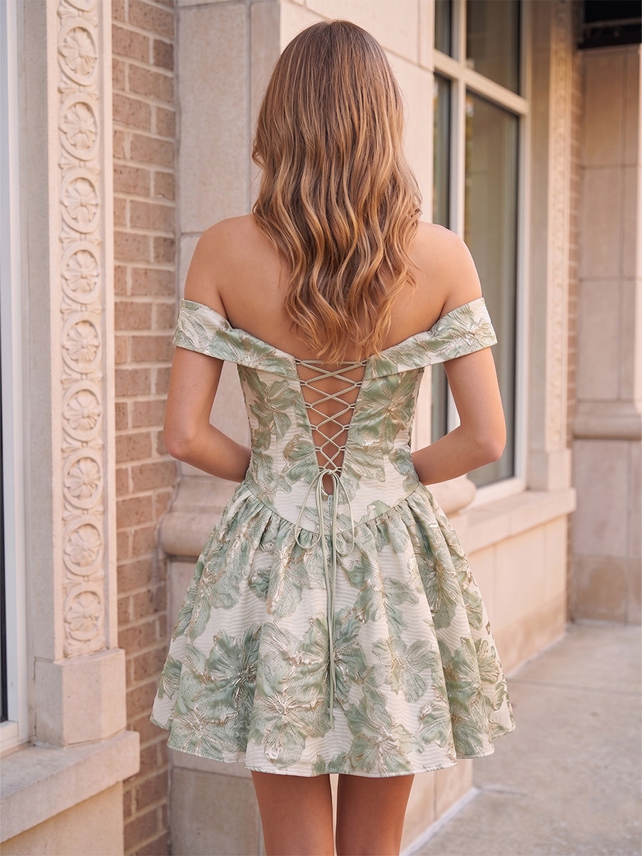 Jacquard A Line Off the Shoulder Pleats Ruched Homecoming Dresses