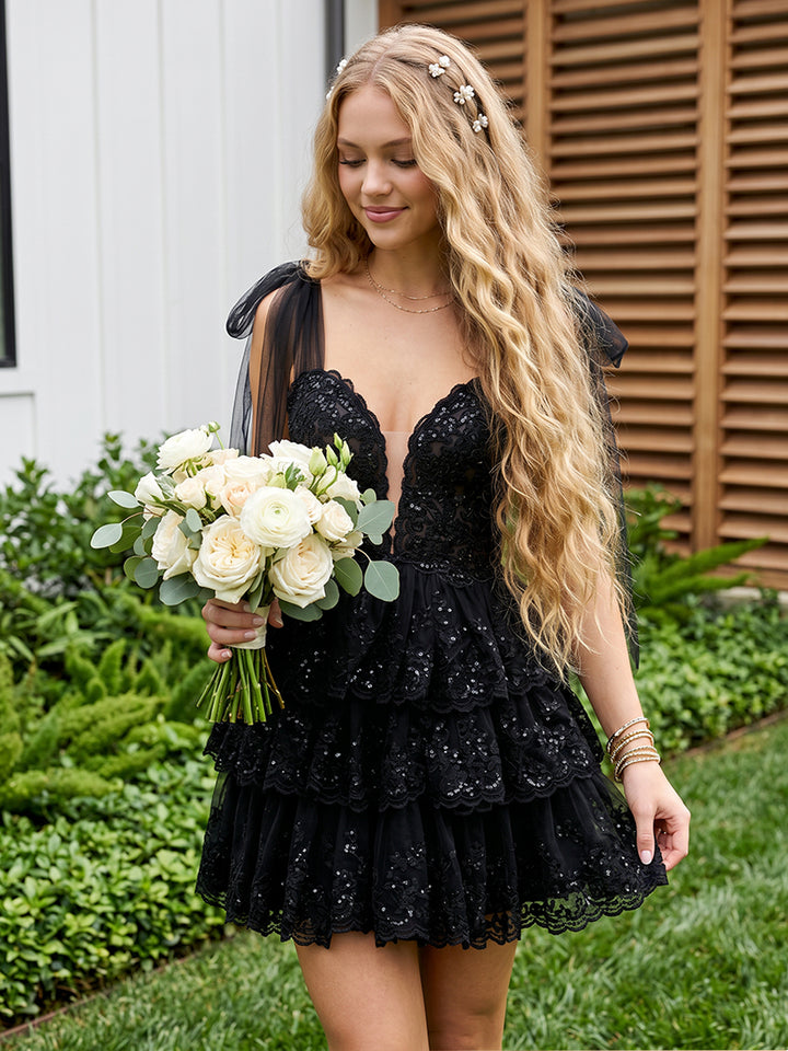 Sequin Floral A Line Spaghetti Straps Tiered Layered Homecoming Dresses