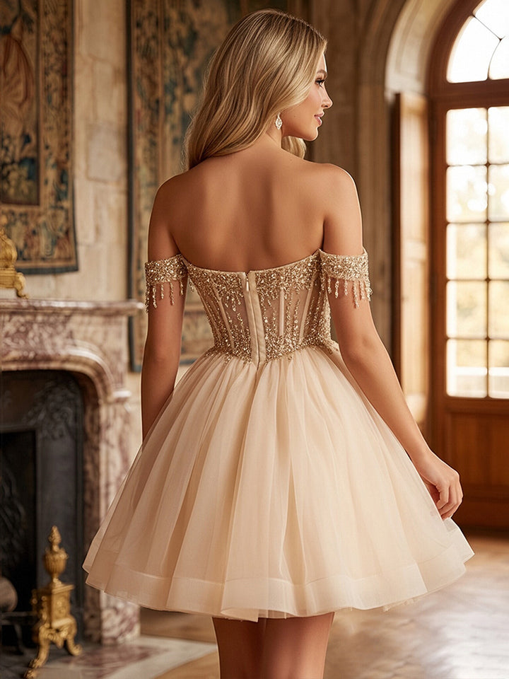 Tulle A Line Off the Shoulder Sequin Ruched Homecoming Dresses