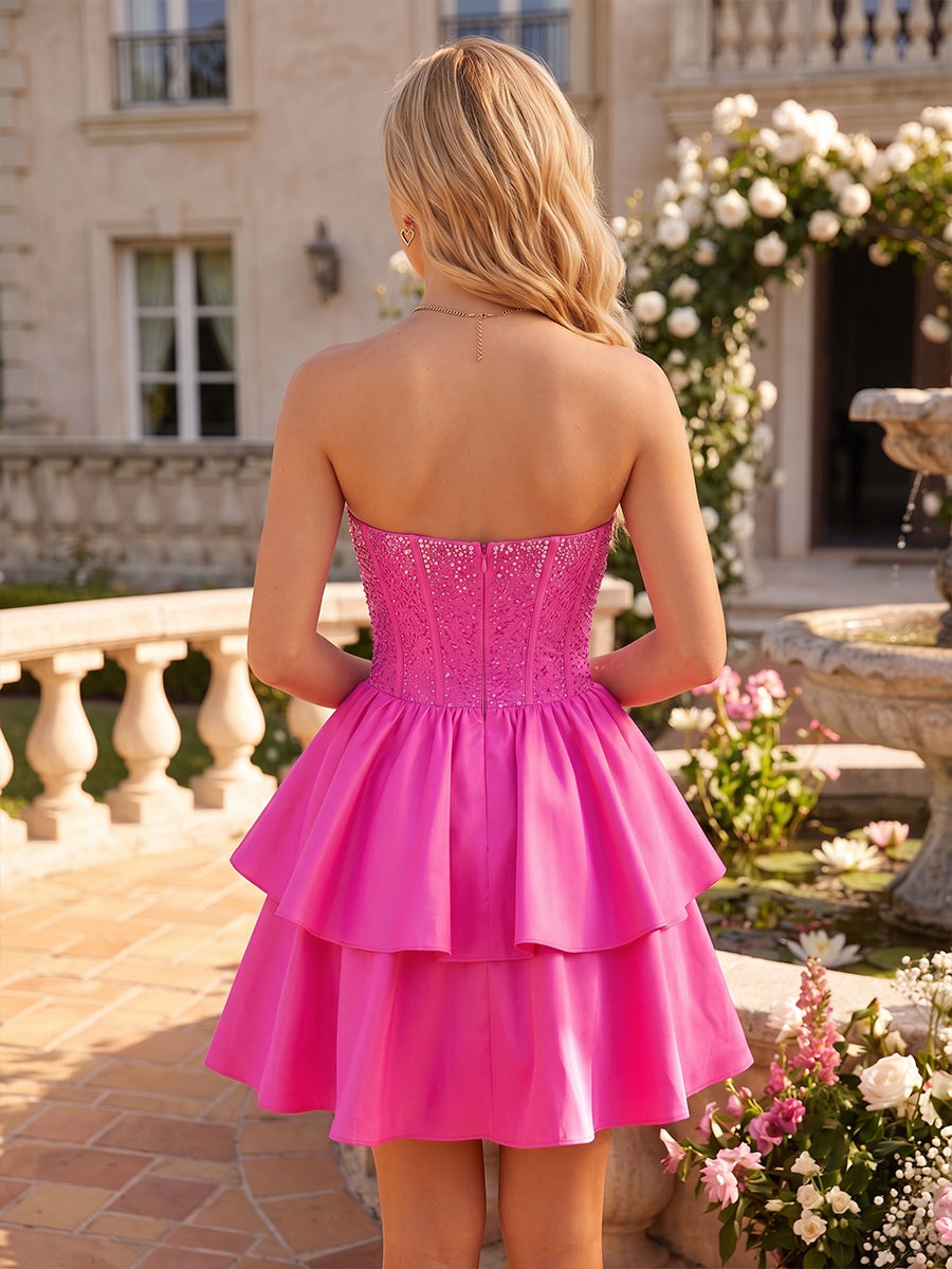 Satin A Line Strapless Sequin Tiered Homecoming Dresses
