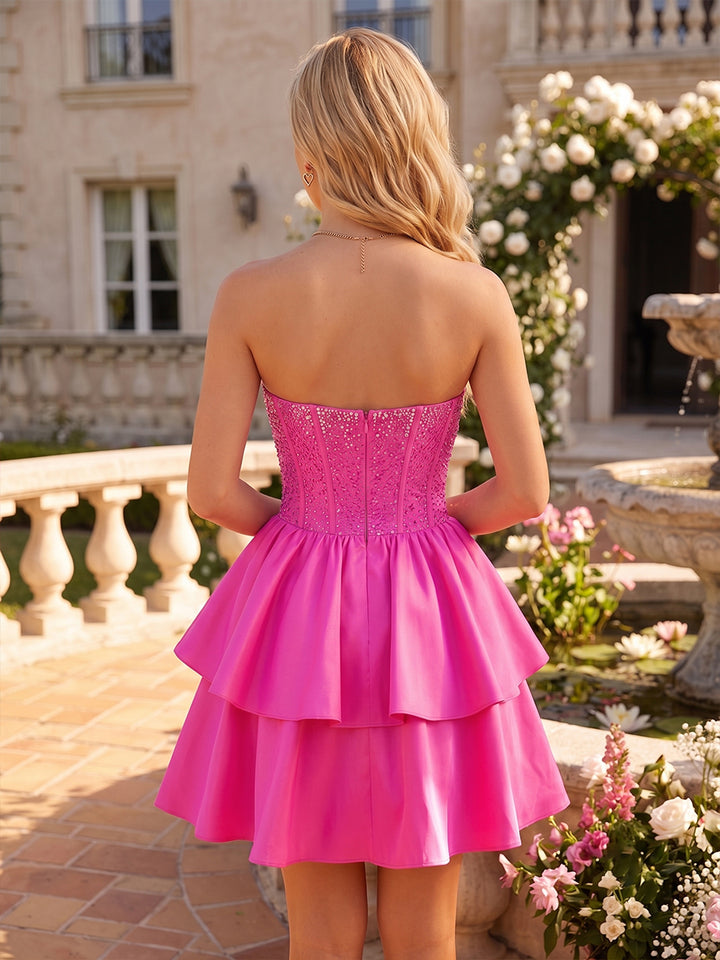 Satin A Line Strapless Sequin Tiered Homecoming Dresses