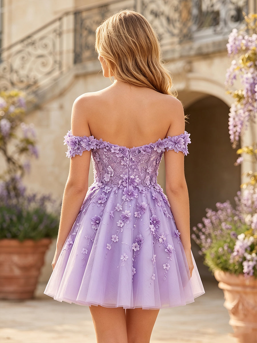 Lace Appliques A Line Off the Shoulder 3D Flowers Pleats Homecoming Dresses
