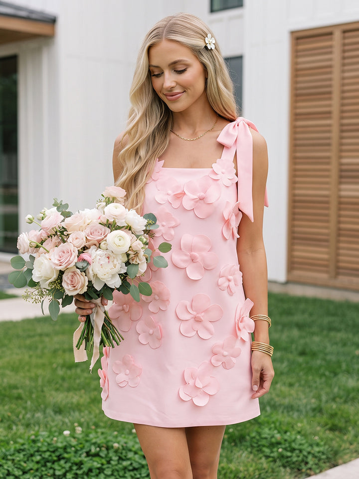 Satin A Line Square Neck 3D Flowers Ruched Homecoming Dresses