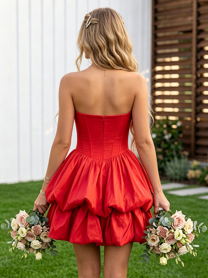 Satin A Line Strapless Tiered Bud Homecoming Dresses