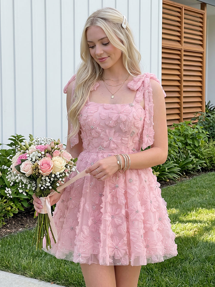 3D Flower Appliques A Line Square Neck Bow Pleats Homecoming Dresses