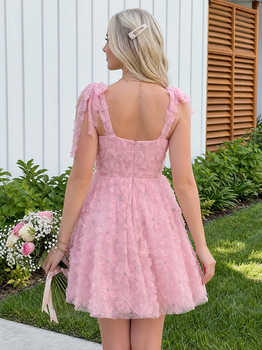 3D Flower Appliques A Line Square Neck Bow Pleats Homecoming Dresses