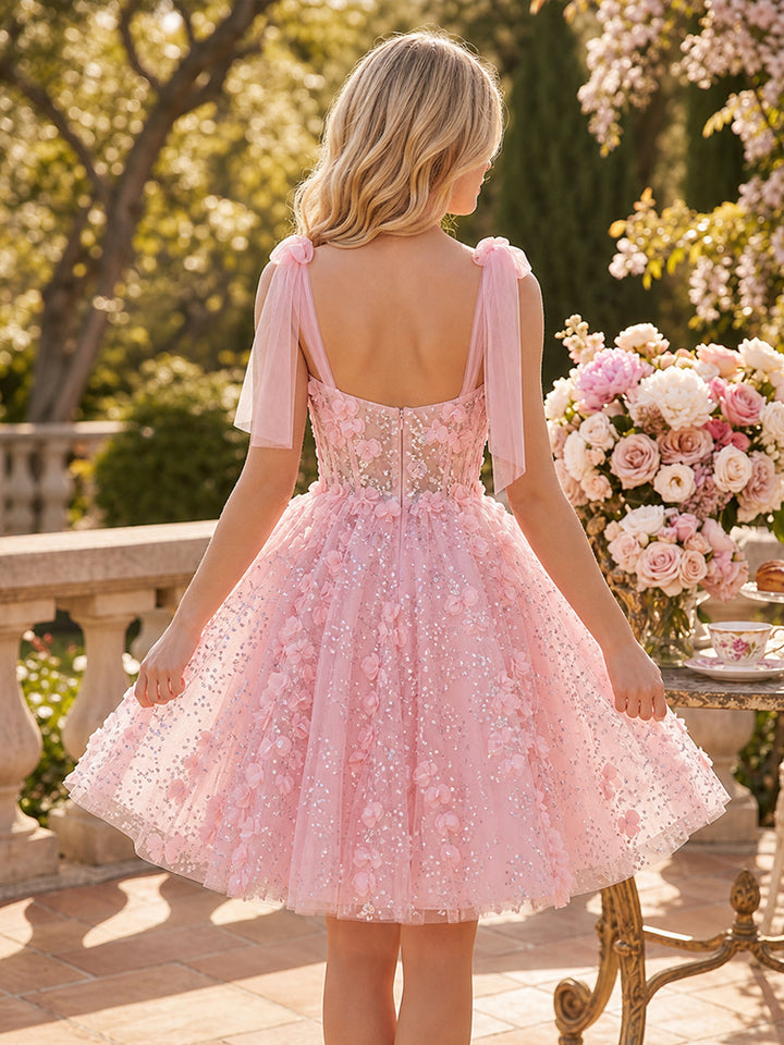 Sequin Floral A Line Sweetheart 3D Flowers Pleats Homecoming Dresses
